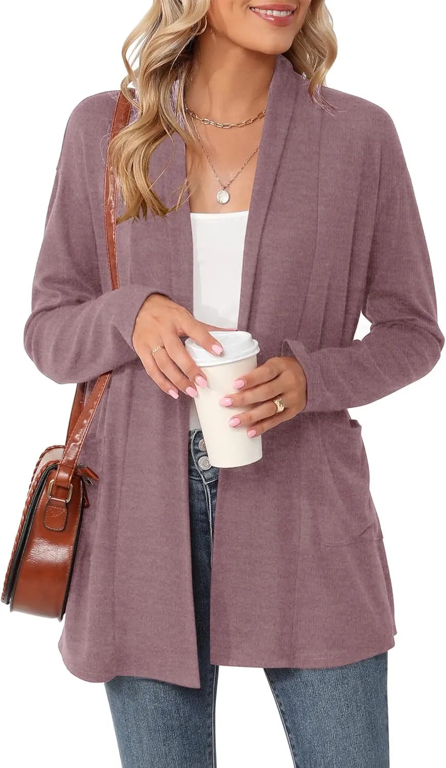 Micoson Women's Long Sleeve Open Front Cardigan Casual Loose Lightweight Cardigans with Pockets