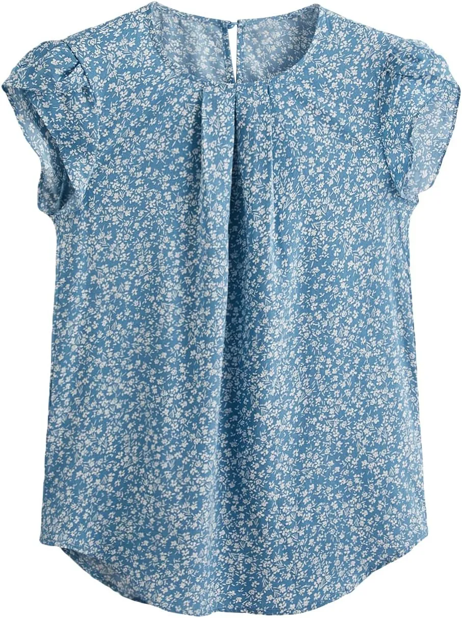 Milumia Women's Elegant Floral Print Petal Cap Sleeve Pleated Vacation Office Work Blouse Top