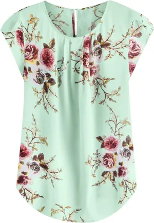 Milumia Women's Elegant Floral Print Petal Cap Sleeve Pleated Vacation Office Work Blouse Top