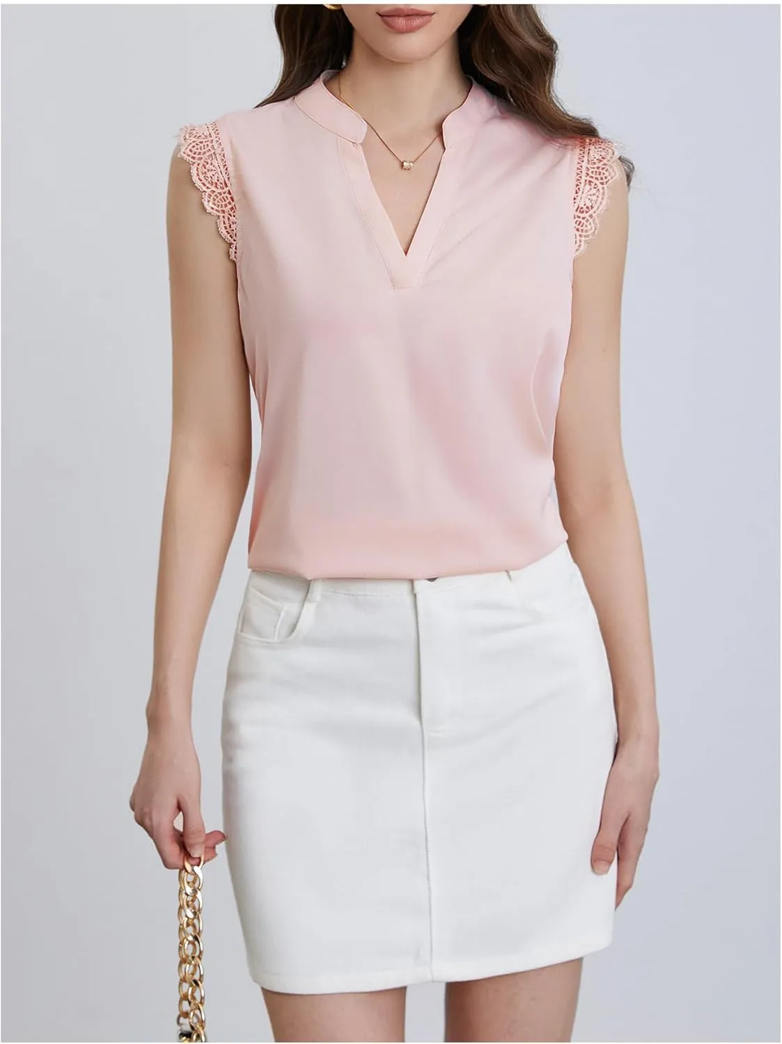 Milumia Women's Elegant Notch V Neck Sleeveless Blouse Guipure Lace Work Office Top