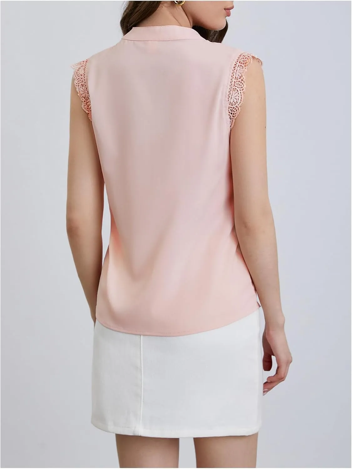 Milumia Women's Elegant Notch V Neck Sleeveless Blouse Guipure Lace Work Office Top