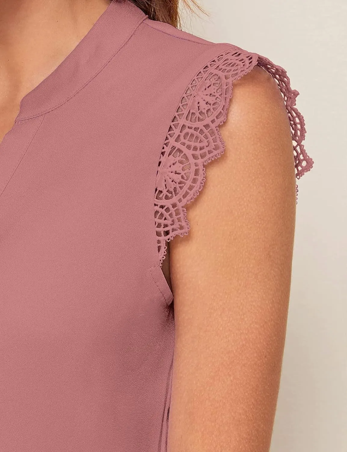Milumia Women's Elegant Notch V Neck Sleeveless Blouse Guipure Lace Work Office Top