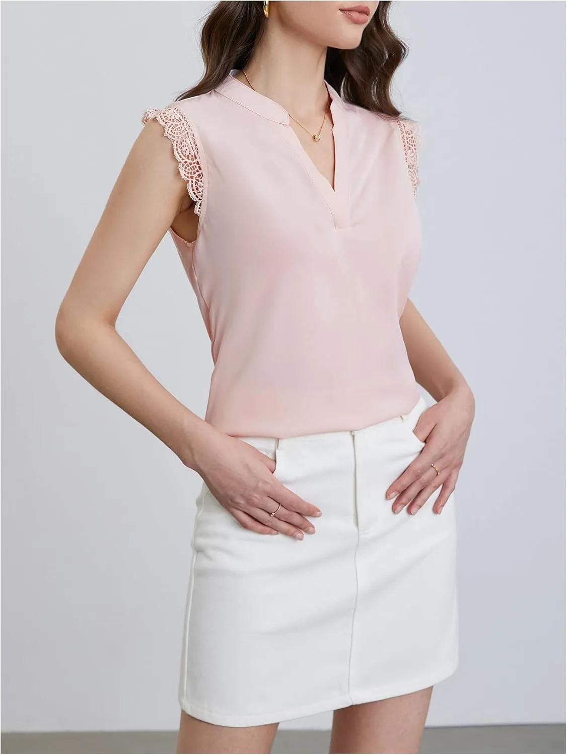 Milumia Women's Elegant Notch V Neck Sleeveless Blouse Guipure Lace Work Office Top