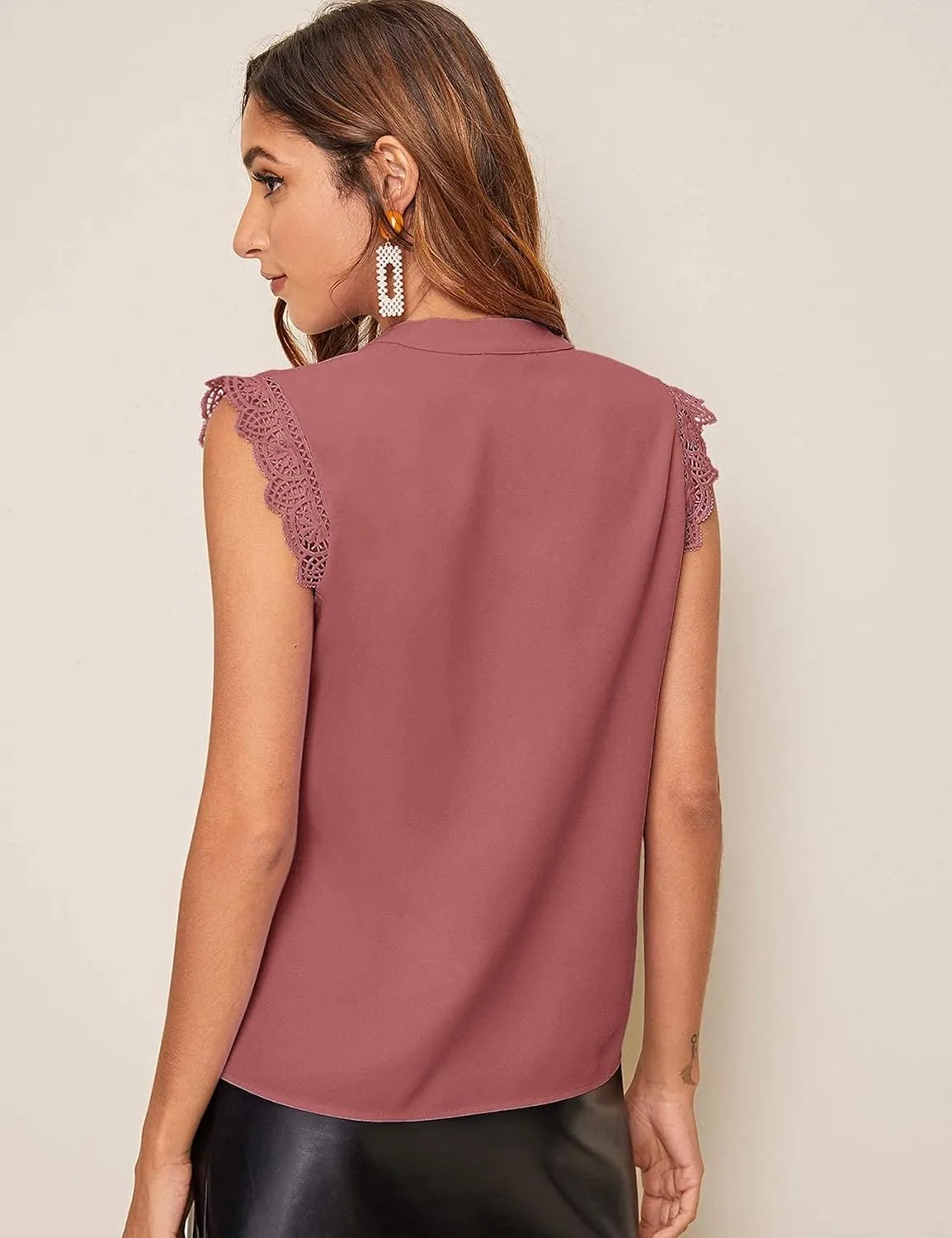 Milumia Women's Elegant Notch V Neck Sleeveless Blouse Guipure Lace Work Office Top