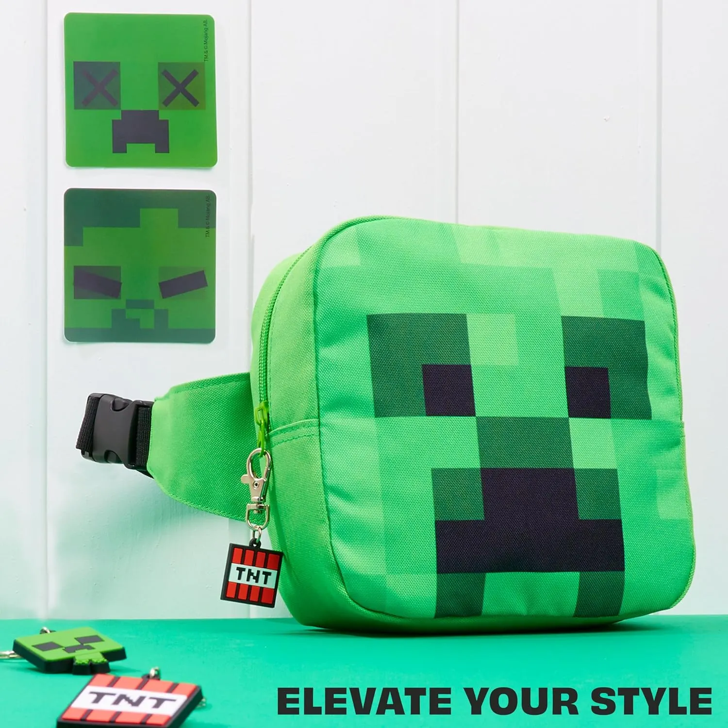 Minecraft Boys Fashion Waist Pack with Adjustable Strap, Creeper Travel Bag - Gamer Gifts (Green/Black)