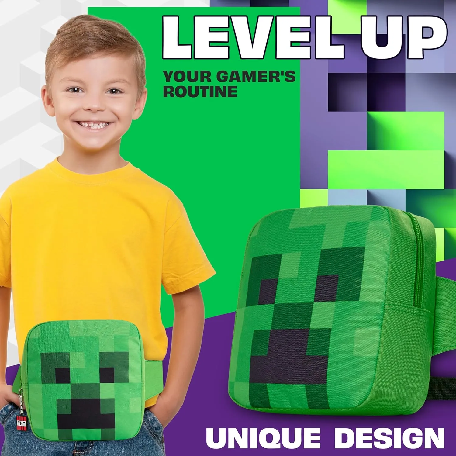 Minecraft Boys Fashion Waist Pack with Adjustable Strap, Creeper Travel Bag - Gamer Gifts (Green/Black)