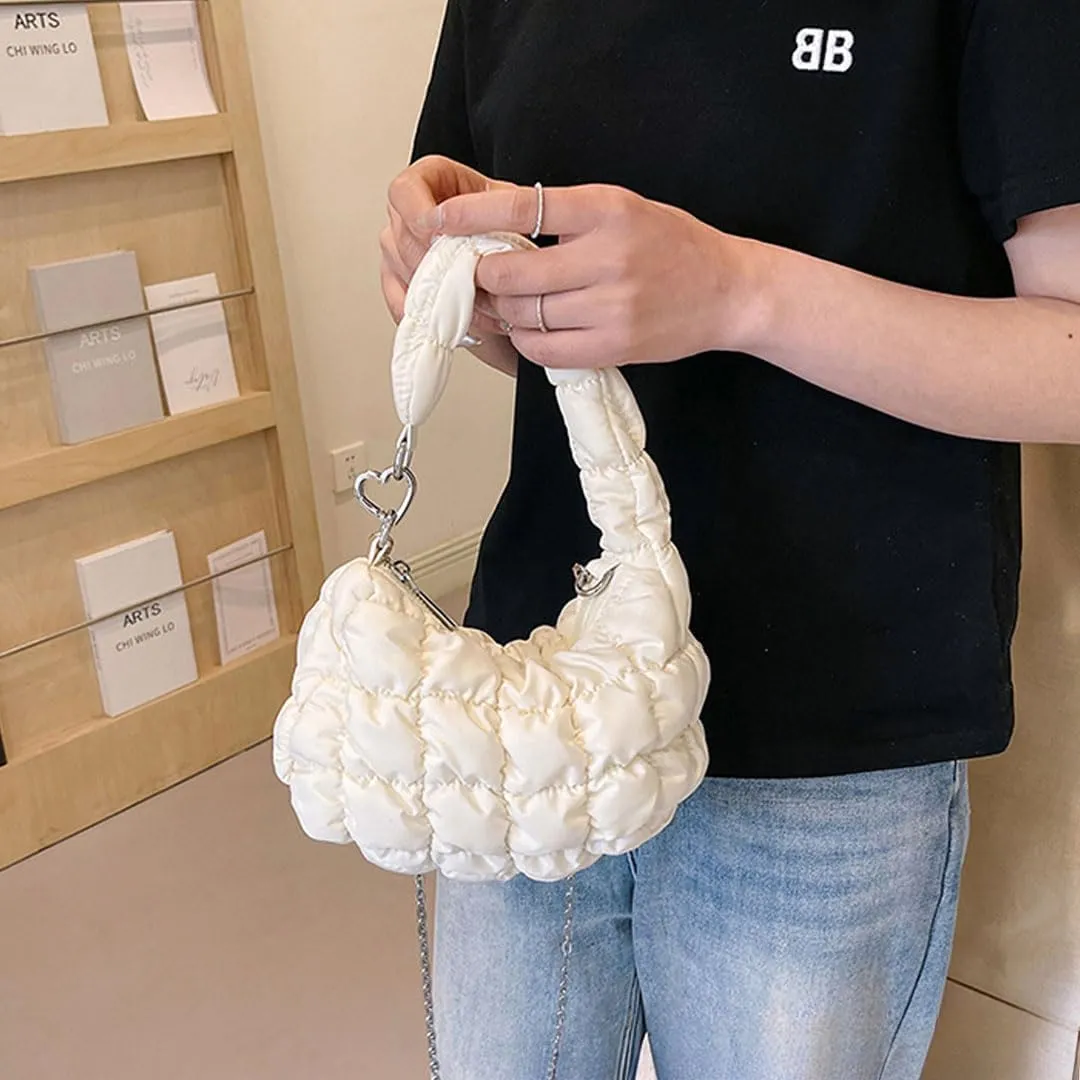 Mini Puffer Tote Bag for Women Quilted Carryall Bag Puffy Purse Puffer Crossbody Bag Shoulder Bag Nylon Crescent Bag