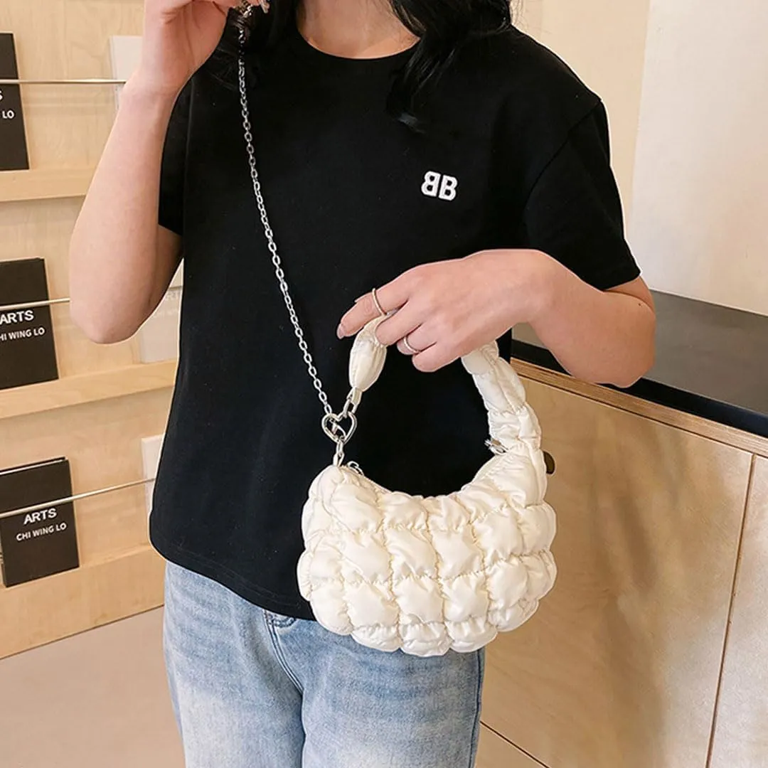 Mini Puffer Tote Bag for Women Quilted Carryall Bag Puffy Purse Puffer Crossbody Bag Shoulder Bag Nylon Crescent Bag