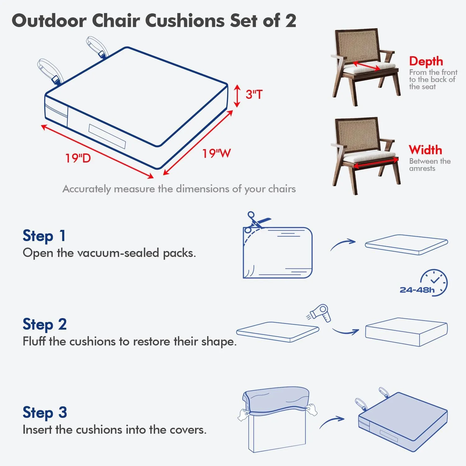 MIULEE 19 x 19 x 3 Outdoor Chair Cushions,Waterproof Seat Cushions with Adjustable Straps,Set of 2 Patio Chair Cushions for Patio Furniture Garden,Beige