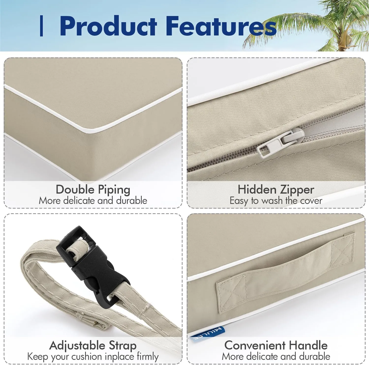 MIULEE 19 x 19 x 3 Outdoor Chair Cushions,Waterproof Seat Cushions with Adjustable Straps,Set of 2 Patio Chair Cushions for Patio Furniture Garden,Beige