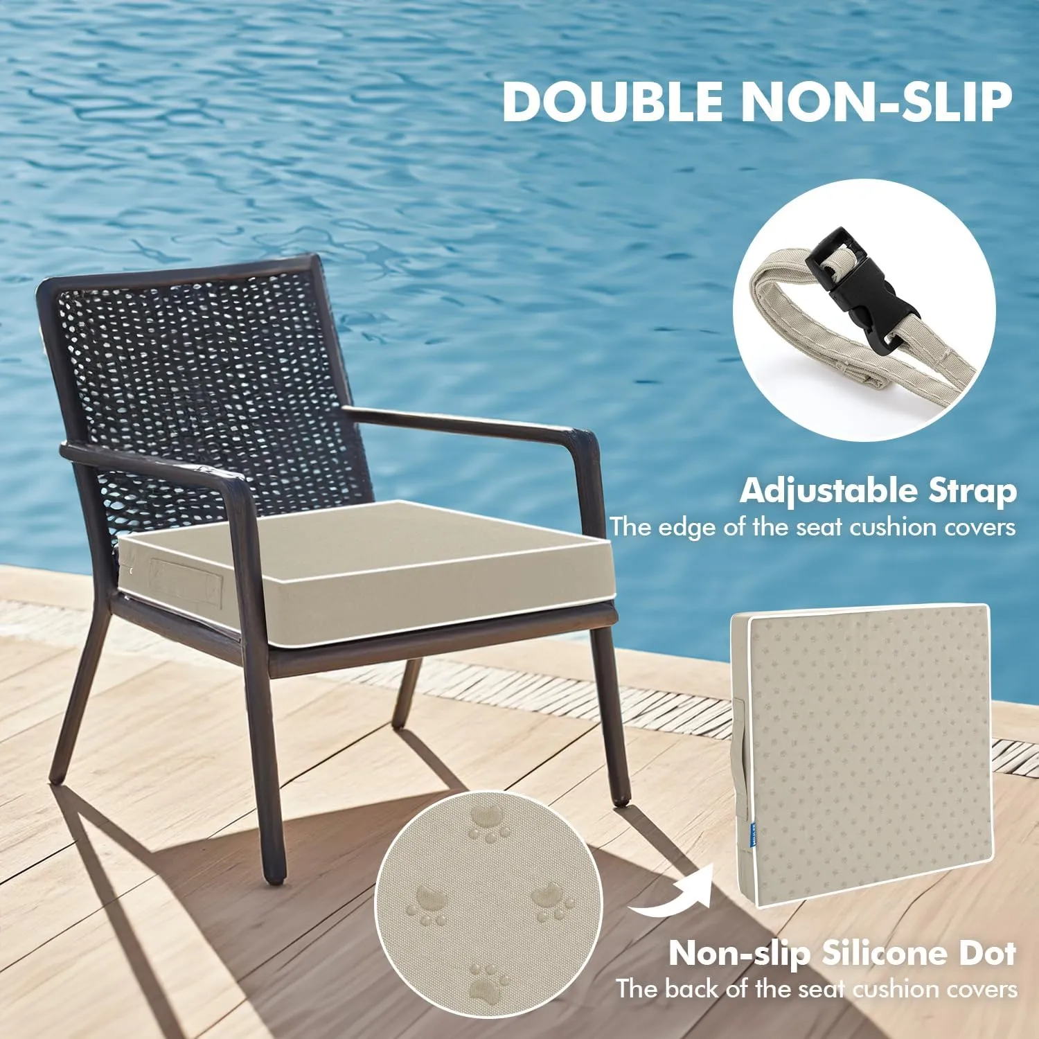 MIULEE 19 x 19 x 3 Outdoor Chair Cushions,Waterproof Seat Cushions with Adjustable Straps,Set of 2 Patio Chair Cushions for Patio Furniture Garden,Beige