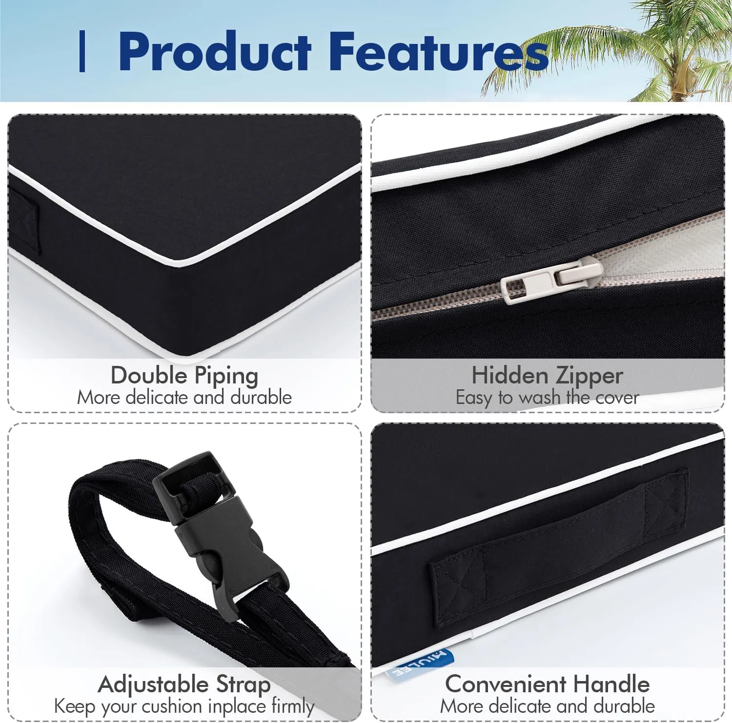 MIULEE 19 x 19 x 3 Outdoor Chair Cushions,Waterproof Seat Cushions with Adjustable Straps,Set of 2 Patio Chair Cushions for Patio Furniture Garden,Black