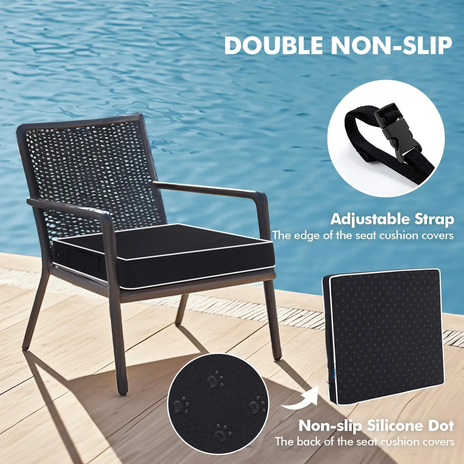 MIULEE 19 x 19 x 3 Outdoor Chair Cushions,Waterproof Seat Cushions with Adjustable Straps,Set of 2 Patio Chair Cushions for Patio Furniture Garden,Black