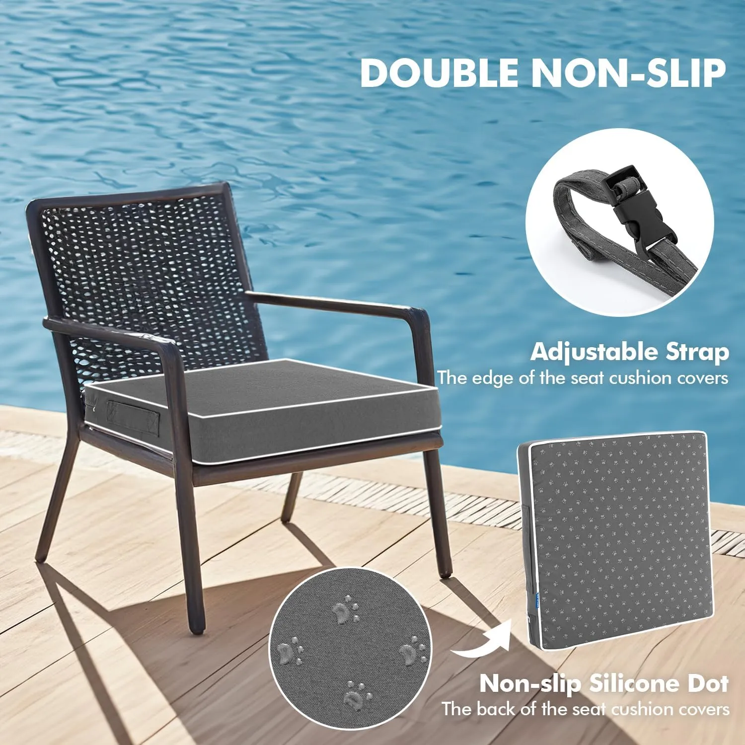 MIULEE 19 x 19 x 3 Outdoor Chair Cushions,Waterproof Seat Cushions with Adjustable Straps,Set of 2 Patio Chair Cushions for Patio Furniture Garden,Light Grey