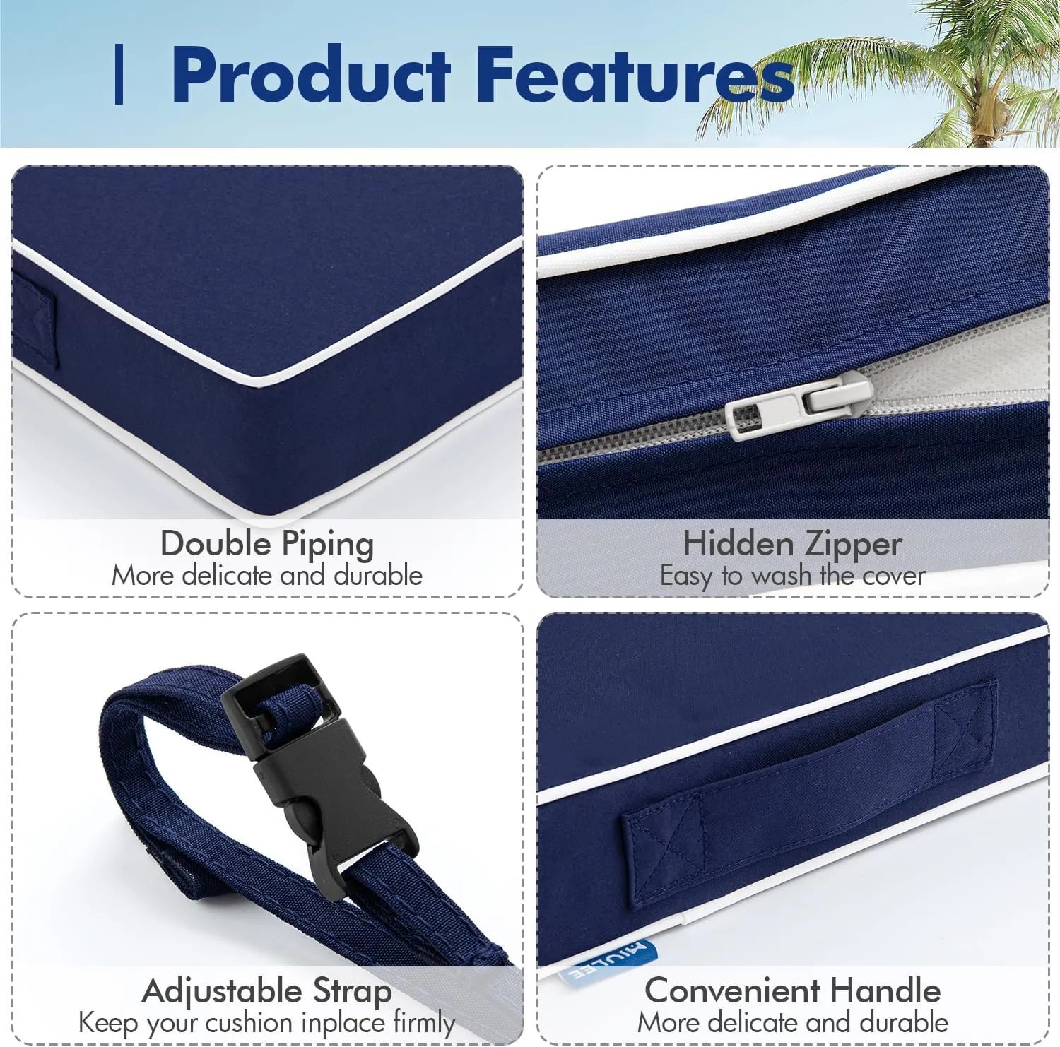 MIULEE 19 x 19 x 3 Outdoor Chair Cushions,Waterproof Seat Cushions with Adjustable Straps,Set of 2 Patio Chair Cushions for Patio Furniture Garden,Navy Blue