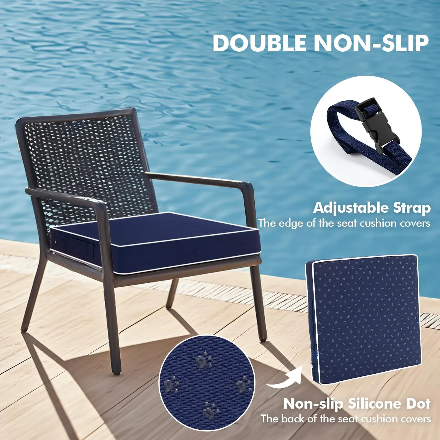 MIULEE 19 x 19 x 3 Outdoor Chair Cushions,Waterproof Seat Cushions with Adjustable Straps,Set of 2 Patio Chair Cushions for Patio Furniture Garden,Navy Blue