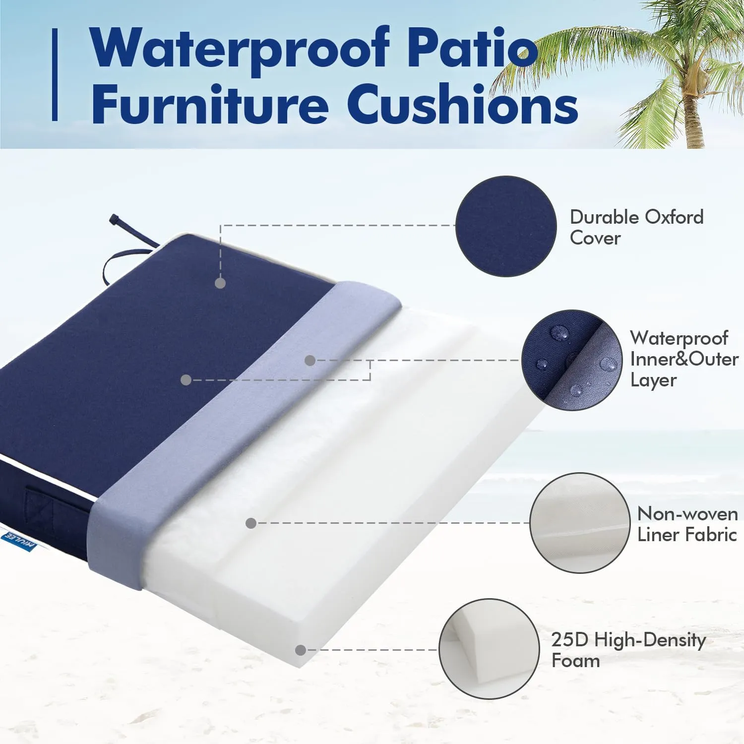 MIULEE 19 x 19 x 3 Outdoor Chair Cushions,Waterproof Seat Cushions with Adjustable Straps,Set of 2 Patio Chair Cushions for Patio Furniture Garden,Navy Blue