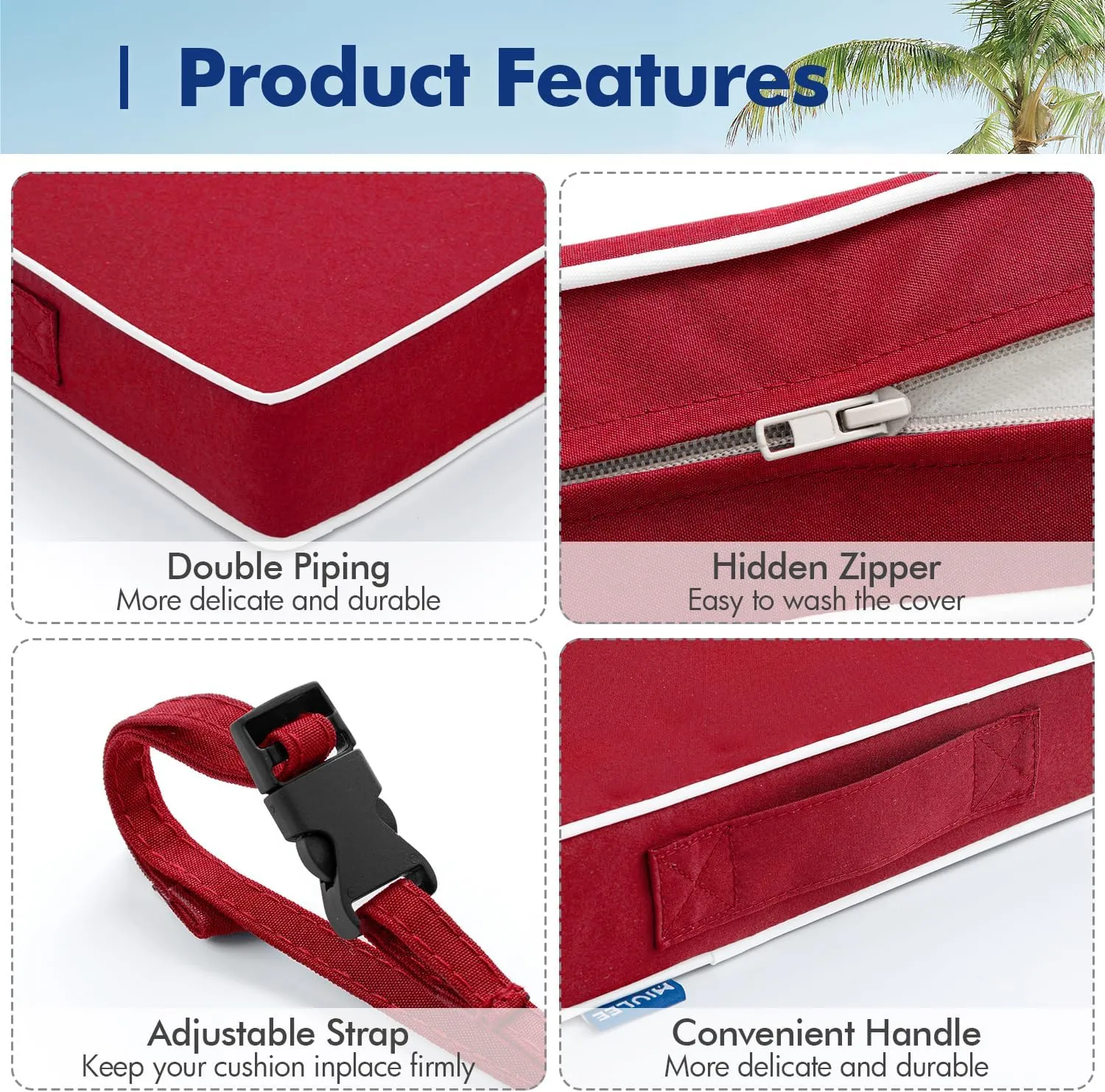 MIULEE 19 x 19 x 3 Outdoor Chair Cushions,Waterproof Seat Cushions with Adjustable Straps,Set of 2 Patio Chair Cushions for Patio Furniture Garden,Red