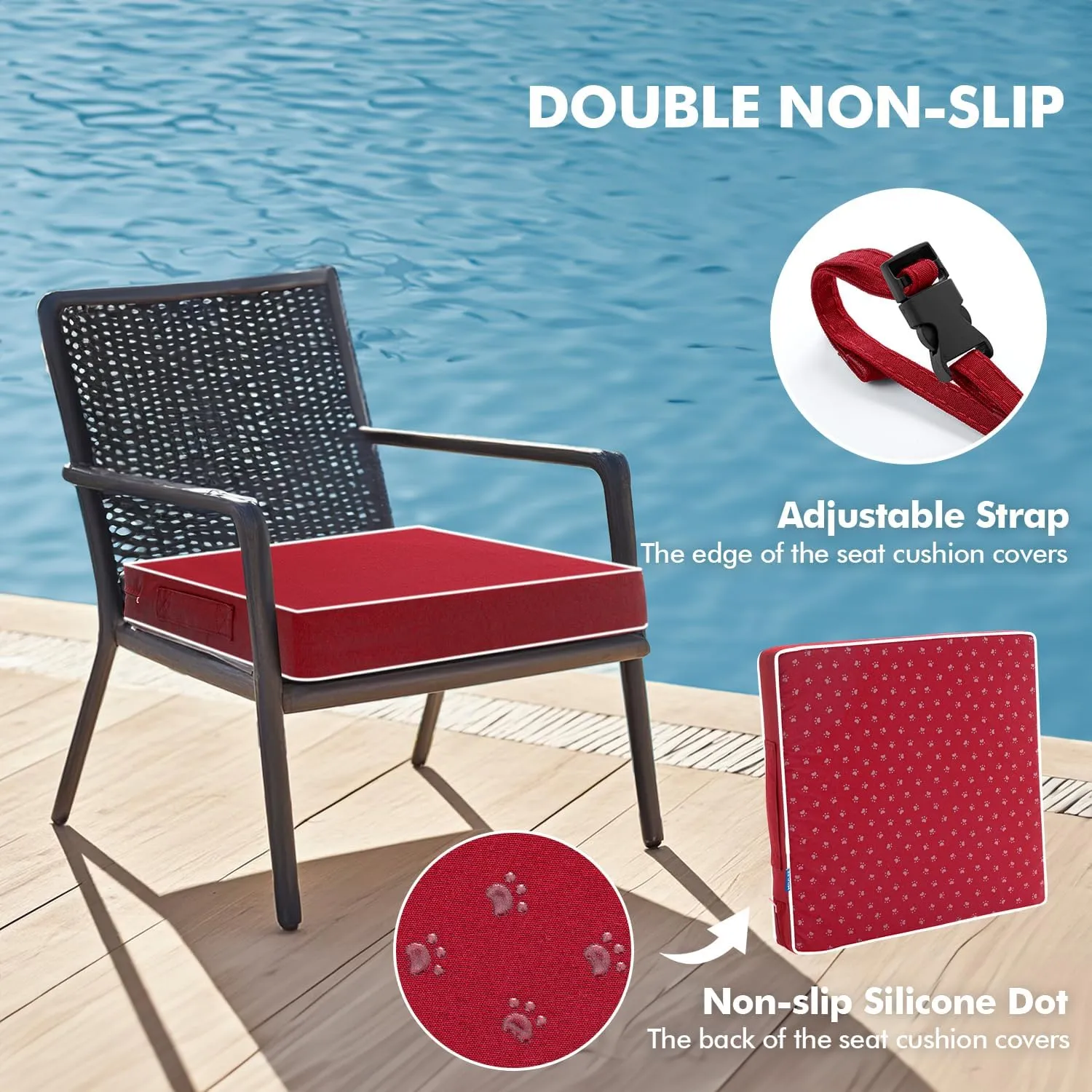 MIULEE 19 x 19 x 3 Outdoor Chair Cushions,Waterproof Seat Cushions with Adjustable Straps,Set of 2 Patio Chair Cushions for Patio Furniture Garden,Red