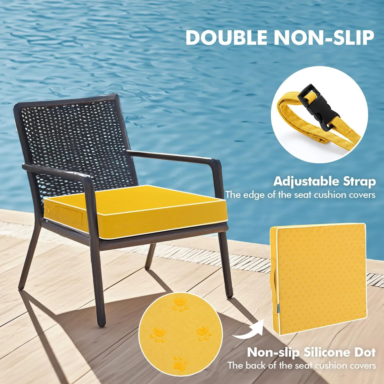 MIULEE 19 x 19 x 3 Outdoor Chair Cushions,Waterproof Seat Cushions with Adjustable Straps,Set of 2 Patio Chair Cushions for Patio Furniture Garden,Yellow