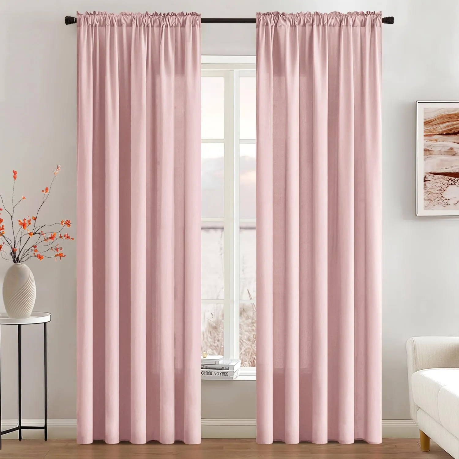 MIULEE Baby Pink Privacy Sheer Curtains That Let Light in 84 Inches Long Non-See-Through Semi Sheer Curtain Light Filtering Window Curtains Drapes for Living Room Bedroom 2 Panels Set