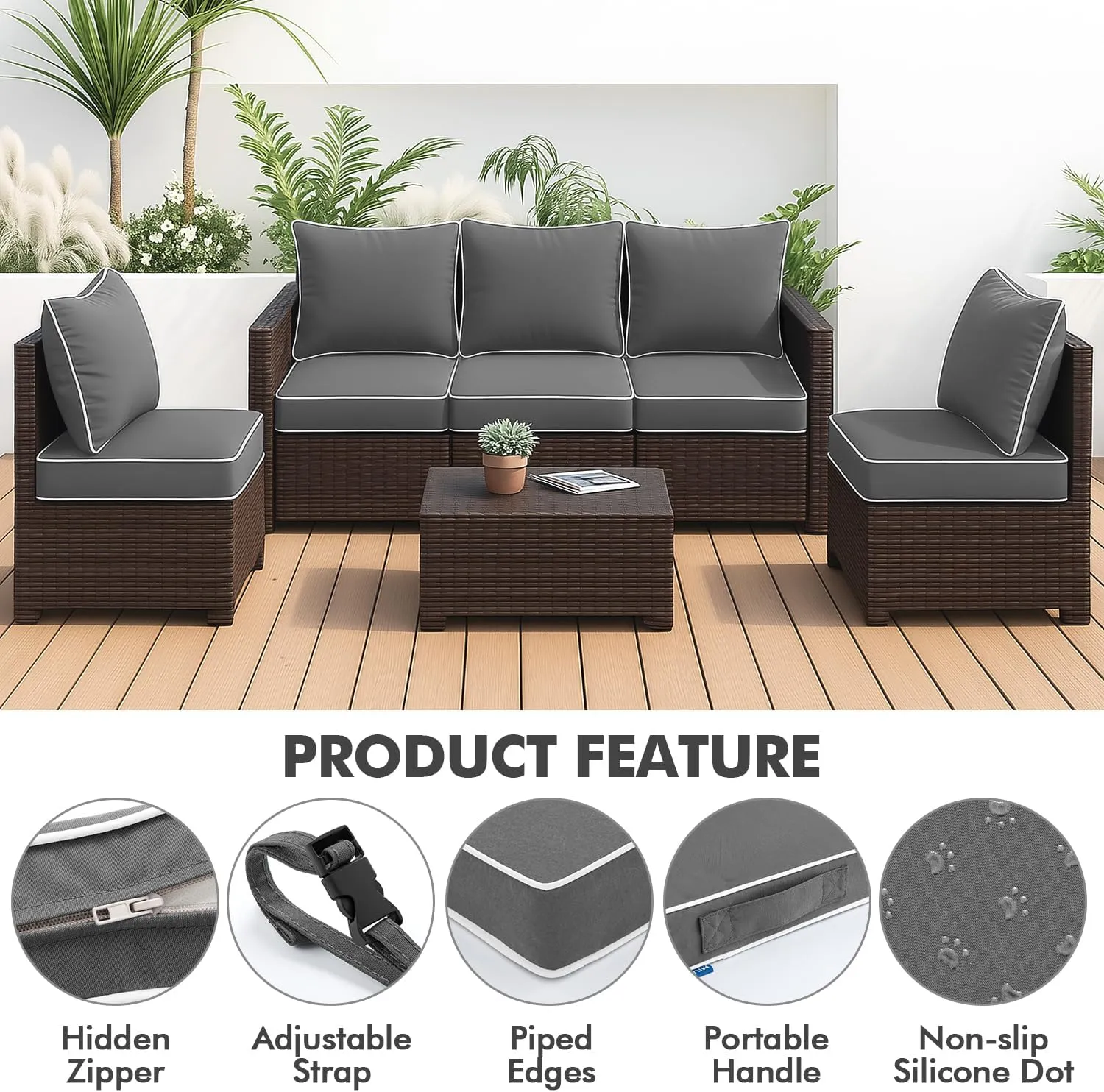 MIULEE Outdoor Seat Cushion Set Light Grey 24 x 24 x 4 Inch Waterproof & Fade Resistant Deep Seat and Back Patio Furniture Cushions with Handle and Adjustable Straps Cushions for Chair Couch