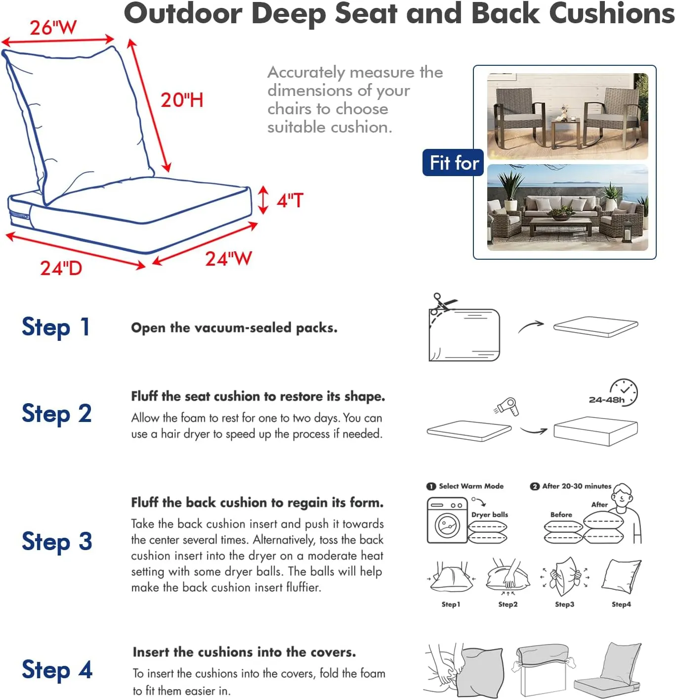 MIULEE Outdoor Seat Cushion Set Red 24 x 24 x 4 Inch Waterproof & Fade Resistant Deep Seat and Back Patio Furniture Cushions with Handle and Adjustable Straps Cushions for Chair Couch