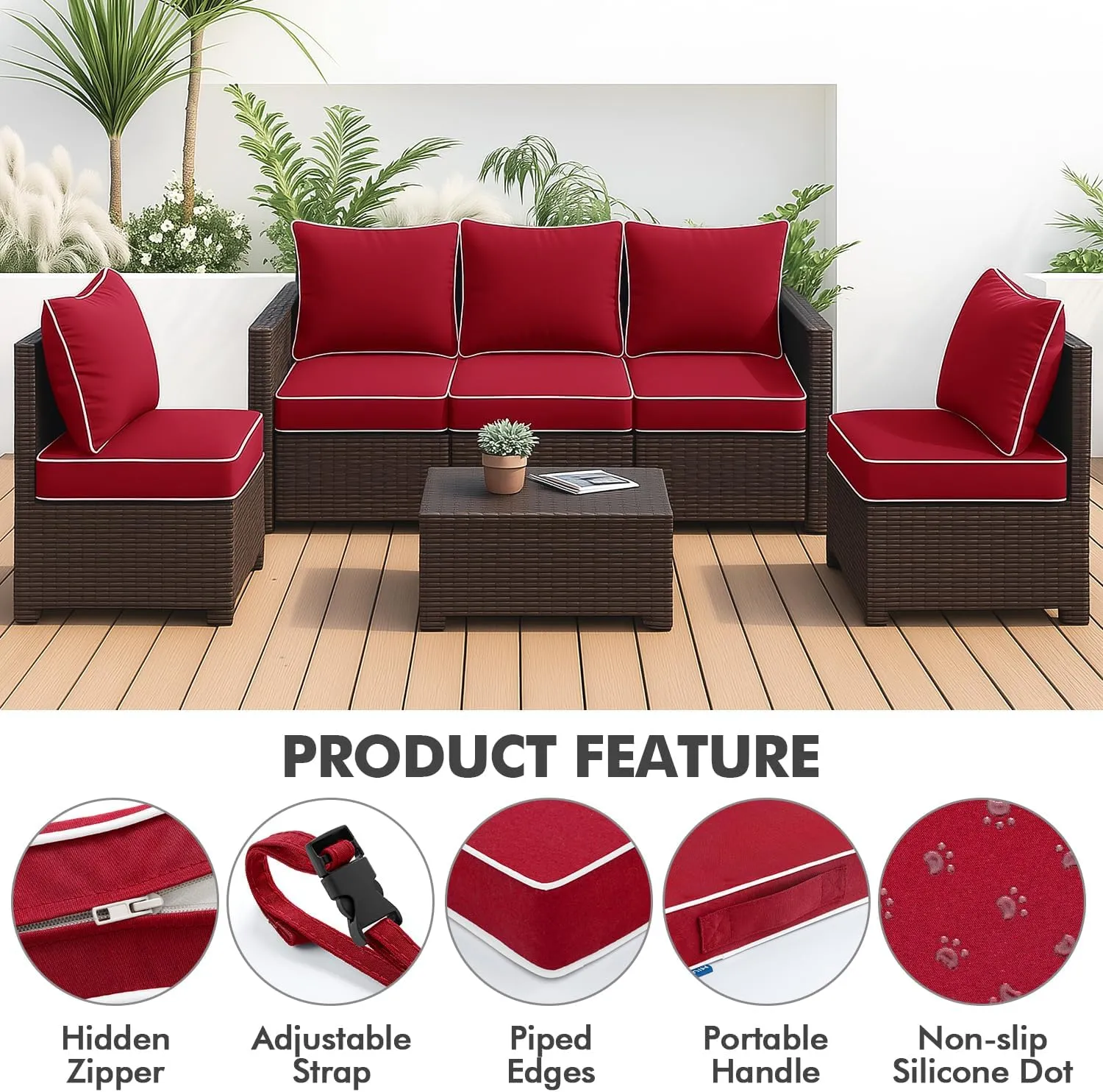 MIULEE Outdoor Seat Cushion Set Red 24 x 24 x 4 Inch Waterproof & Fade Resistant Deep Seat and Back Patio Furniture Cushions with Handle and Adjustable Straps Cushions for Chair Couch