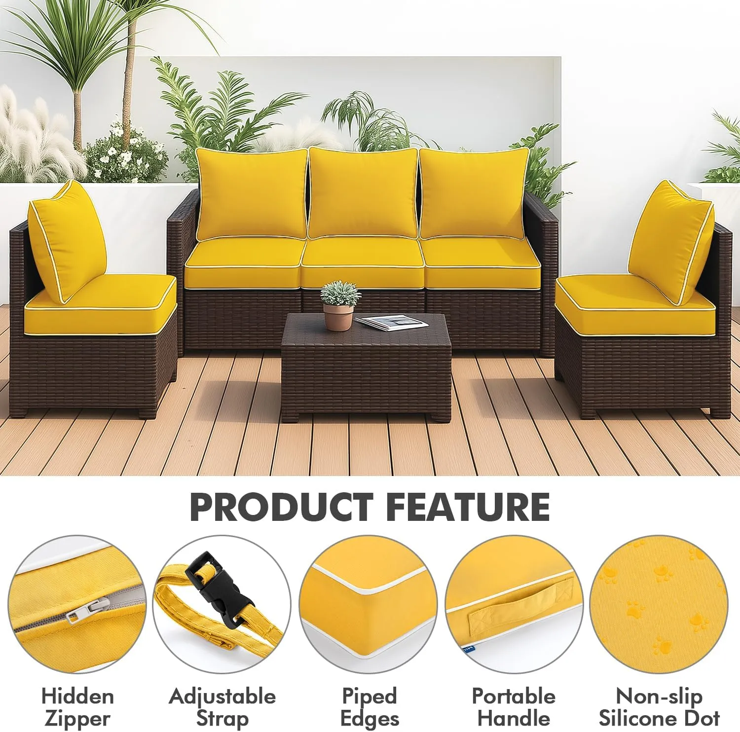MIULEE Outdoor Seat Cushion Set Yellow 24 x 24 x 4 Inch Waterproof & Fade Resistant Deep Seat and Back Patio Furniture Cushions with Handle and Adjustable Straps Cushions for Chair Couch