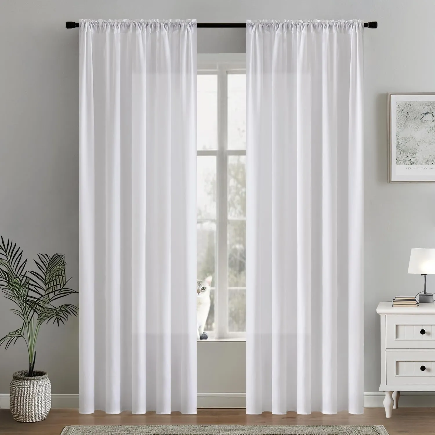 MIULEE White Privacy Sheer Curtains That Let Light in 84 Inches Long Non-See-Through Semi Sheer Curtains Light Filtering Window Curtains Drapes for Living Room Bedroom 2 Panels Set