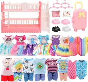 Miunana 24 Pcs Doll Clothes and Accessories 3 Princess Dresses 3 Sets Top and Pants 2 Swimsuits 4 Shoes Dollhouse Mini Bunk Bed Travel Suitcase with 2 Pillows, 5 Hangers for 5.3 Inch Girl Dolls