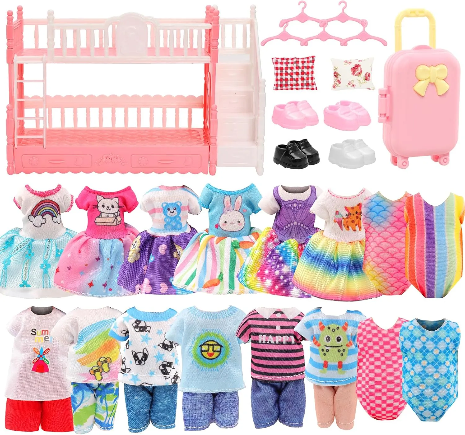 Miunana 24 Pcs Doll Clothes and Accessories 3 Princess Dresses 3 Sets Top and Pants 2 Swimsuits 4 Shoes Dollhouse Mini Bunk Bed Travel Suitcase with 2 Pillows, 5 Hangers for 5.3 Inch Girl Dolls