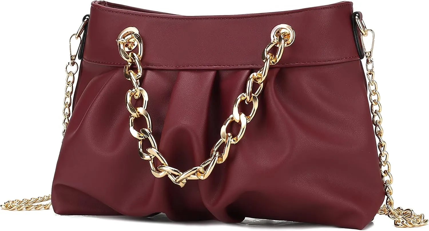 MKF Collection Mini Shoulder Bag for Women, Vegan Leather Ruched Chain Link Trendy Fashion Handbag Crossbody Hobo Purse