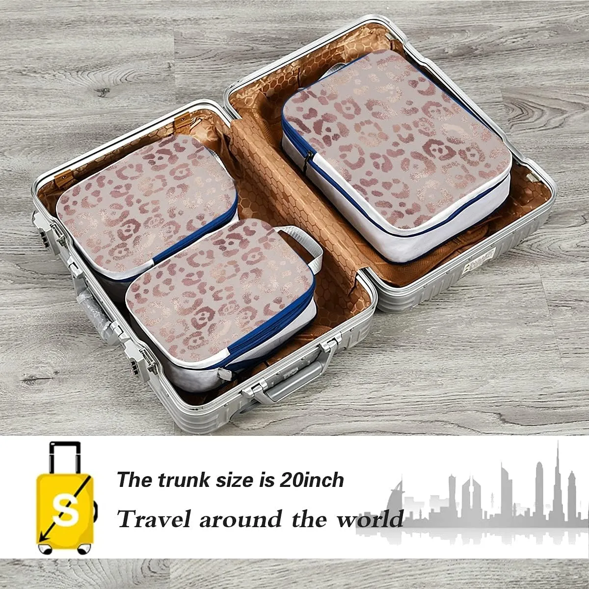 MNSRUU Packing Cubes Elegant Rose Gold Leopard Compression Luggage Cubes Packing Bags Travel Organizer for Suitcases, 3 PCS