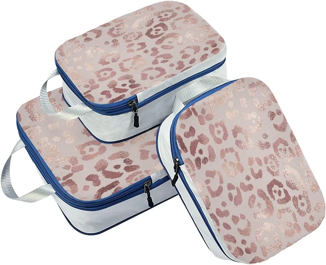 MNSRUU Packing Cubes Elegant Rose Gold Leopard Compression Luggage Cubes Packing Bags Travel Organizer for Suitcases, 3 PCS