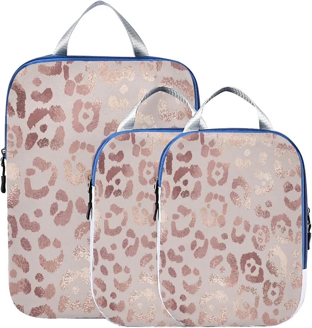 MNSRUU Packing Cubes Elegant Rose Gold Leopard Compression Luggage Cubes Packing Bags Travel Organizer for Suitcases, 3 PCS