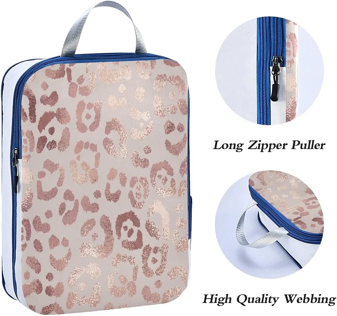 MNSRUU Packing Cubes Elegant Rose Gold Leopard Compression Luggage Cubes Packing Bags Travel Organizer for Suitcases, 3 PCS