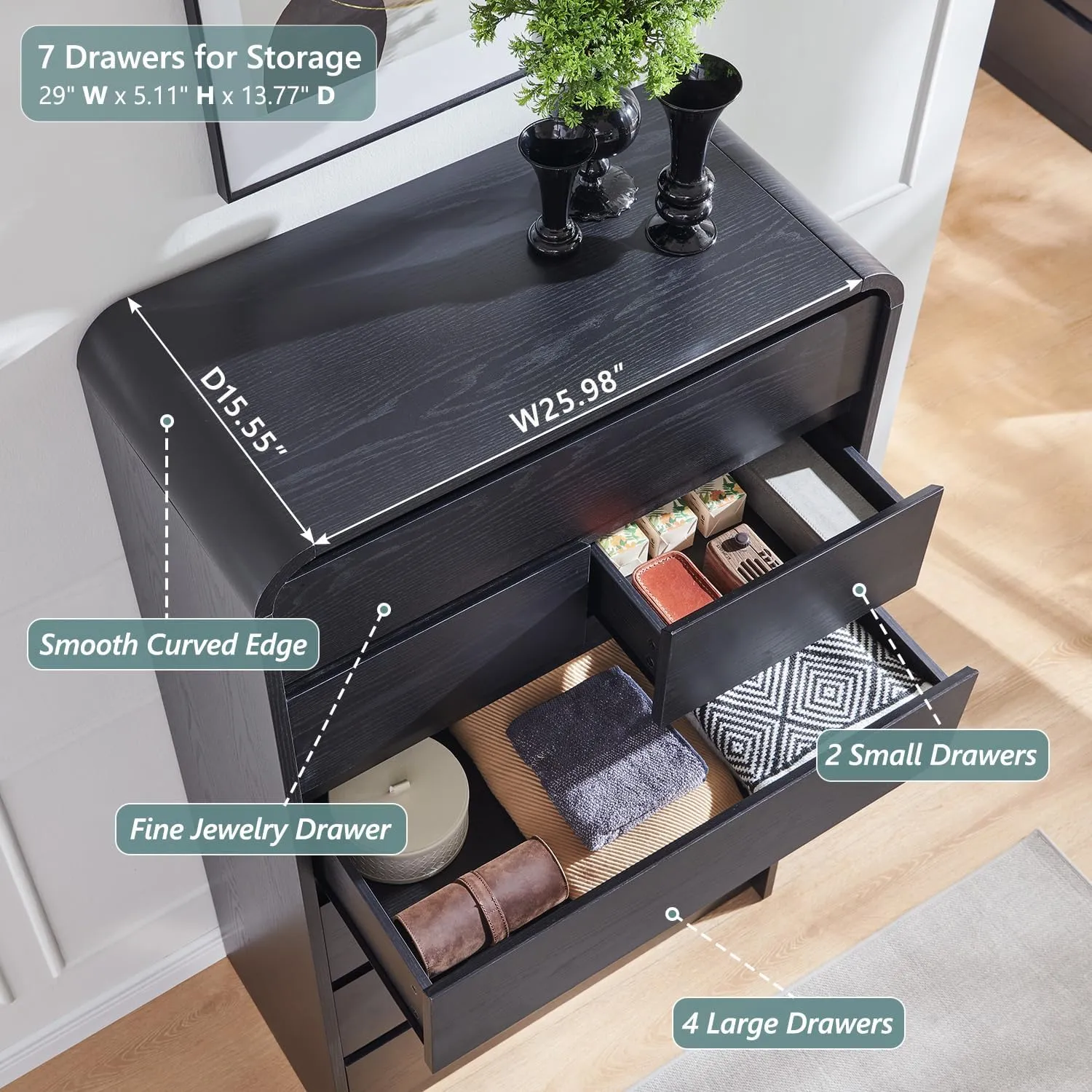 Modern 7 Drawers Dresser for Bedroom, 55" Tall Dressers & Chest of Drawers w/Curved Profile Design, Wood Mid Century Vertical Storage Dressers Organizer for Bedroom, Living Room, Black