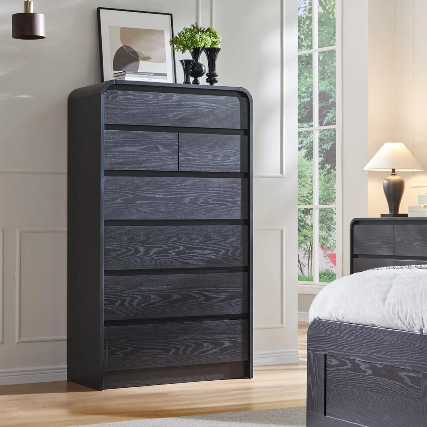 Modern 7 Drawers Dresser for Bedroom, 55" Tall Dressers & Chest of Drawers w/Curved Profile Design, Wood Mid Century Vertical Storage Dressers Organizer for Bedroom, Living Room, Black