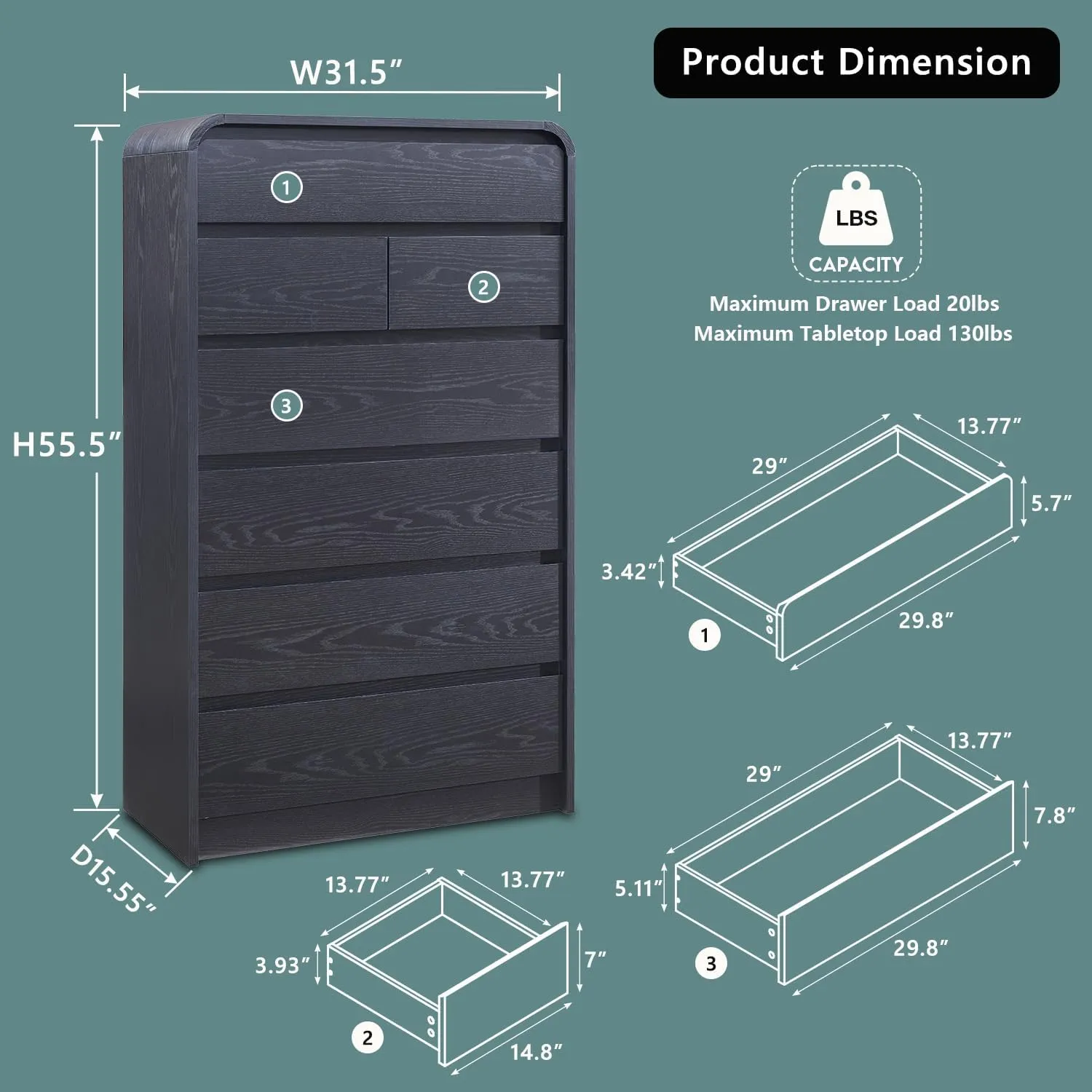 Modern 7 Drawers Dresser for Bedroom, 55" Tall Dressers & Chest of Drawers w/Curved Profile Design, Wood Mid Century Vertical Storage Dressers Organizer for Bedroom, Living Room, Black