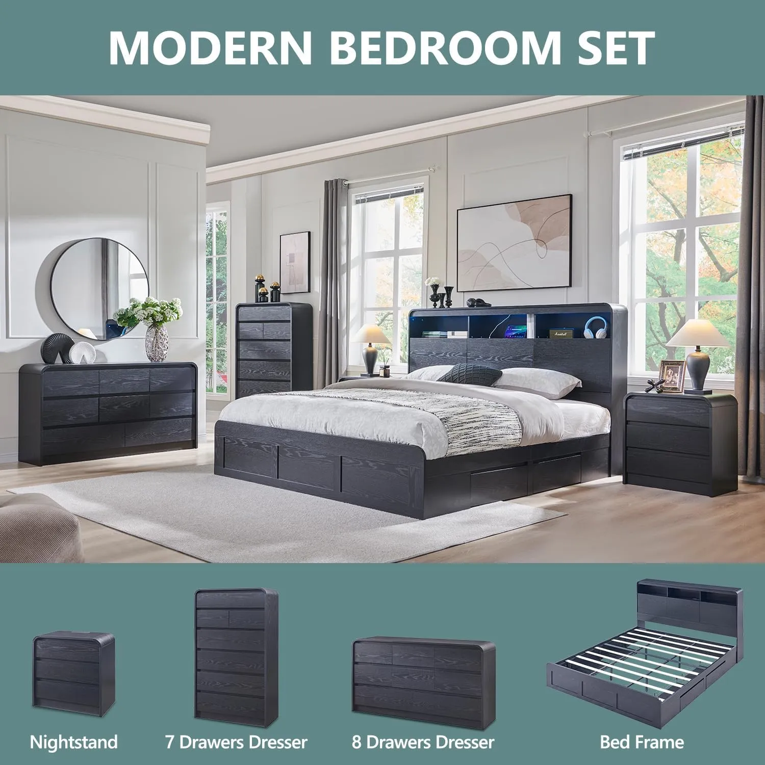 Modern 7 Drawers Dresser for Bedroom, 55" Tall Dressers & Chest of Drawers w/Curved Profile Design, Wood Mid Century Vertical Storage Dressers Organizer for Bedroom, Living Room, Black