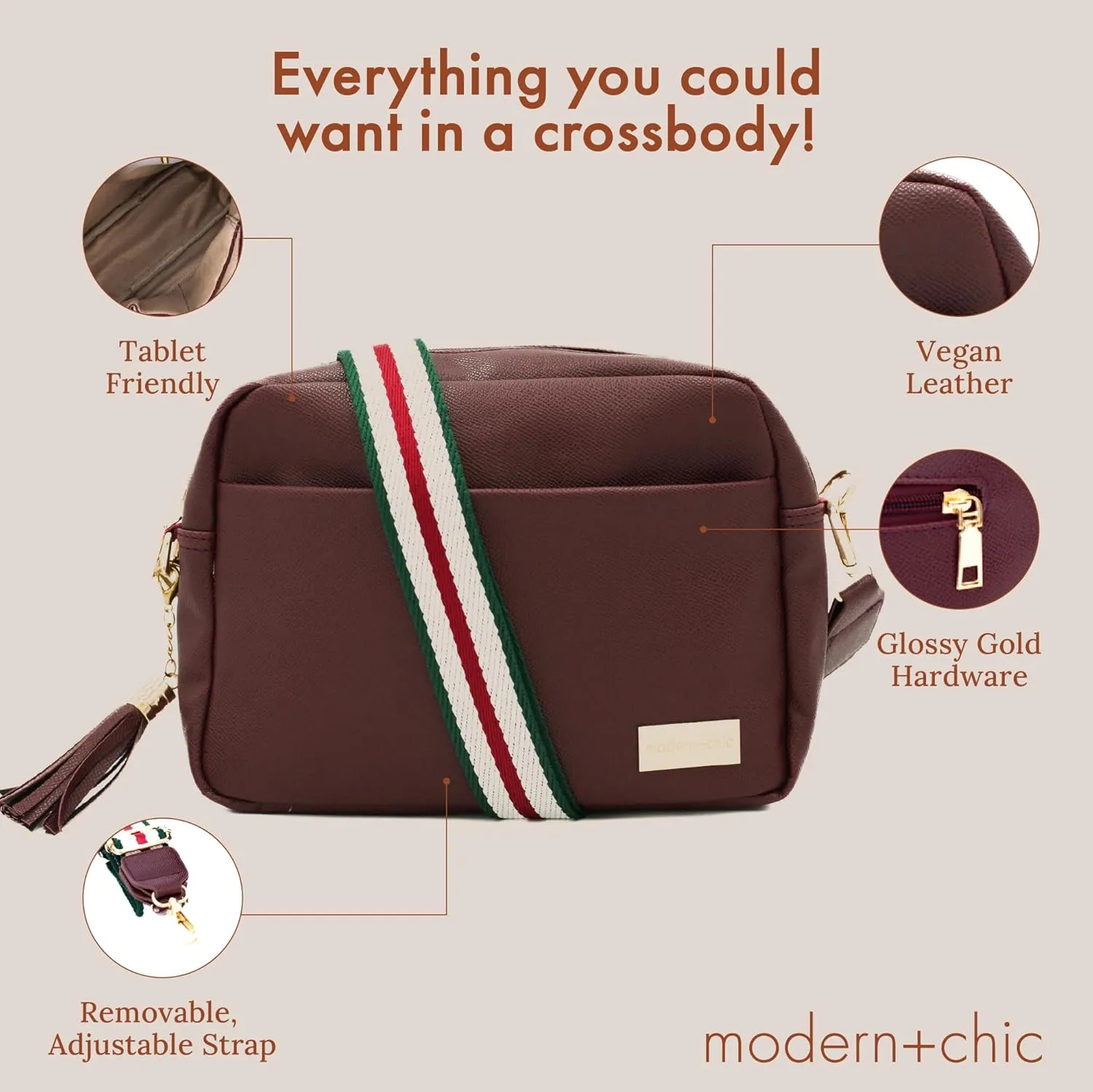Modern Chic Crossbody Bags for Women - Alice Crossbody Purse, Vegan Leather Sling Bag with Ultra Roomy Interior and Pockets