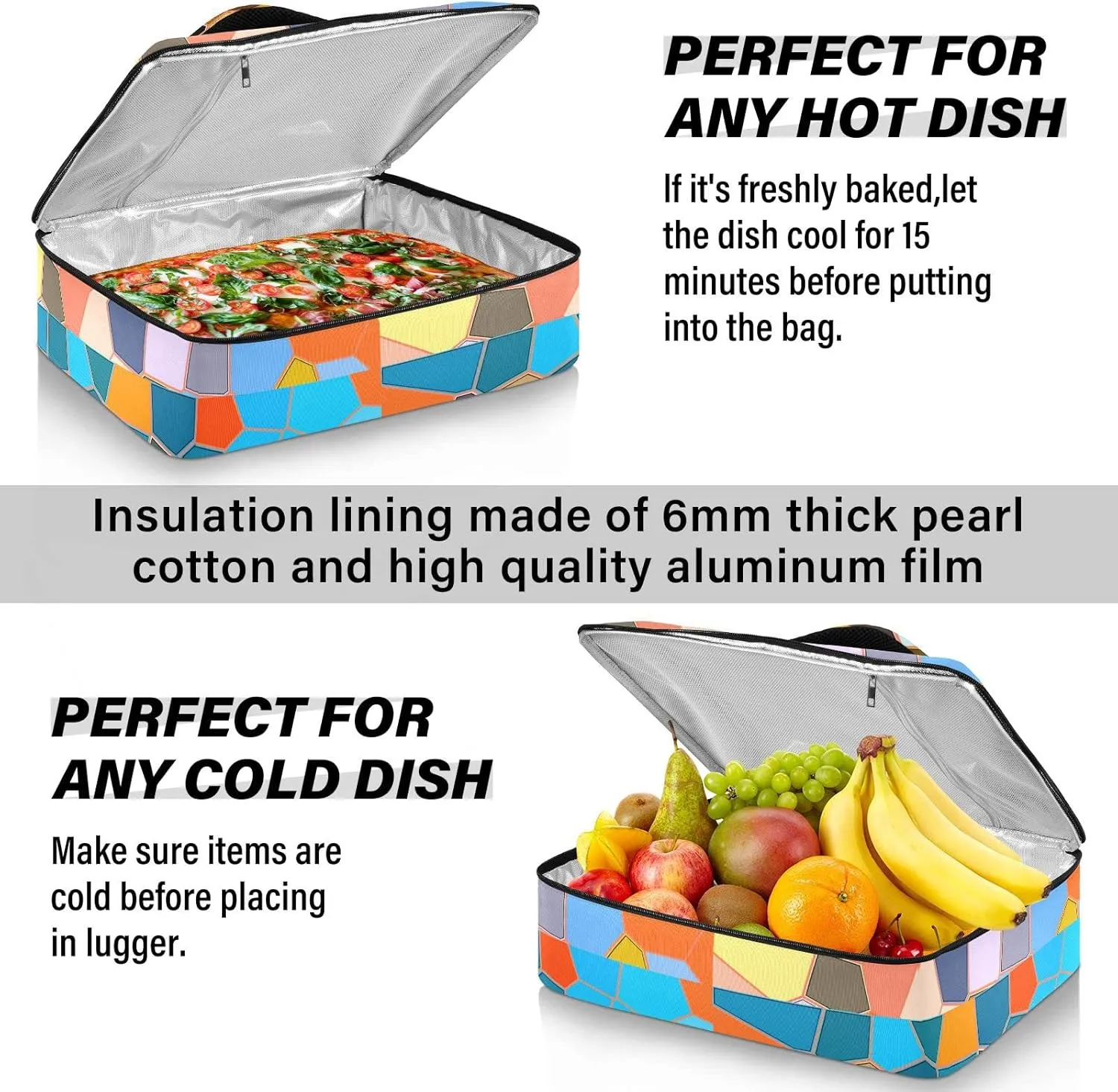 Modern Mosaic Abstract Geometric Texture Backdrop Textiles Insulated Casserole Dish Carrier Bag 9x13 with Lid, Warmer Portable Tote for Hot or Cold Food Picnic Party Potluck Beach