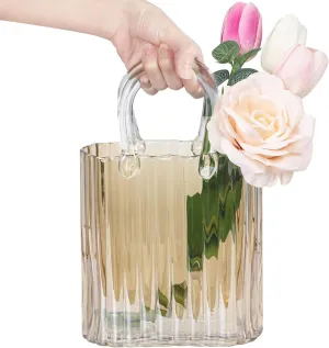 Modern Purse Vase for Flowers,Clear Amber Glass Bag Vases with Vertical Stripes for Home Decors .Elegant Purse Flower Vase for Centerpiece,Floral Arrangement.