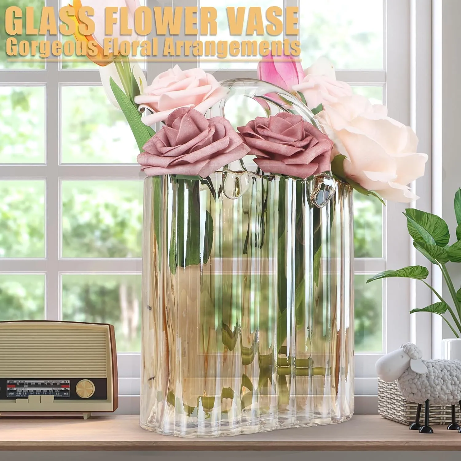 Modern Purse Vase for Flowers,Clear Amber Glass Bag Vases with Vertical Stripes for Home Decors .Elegant Purse Flower Vase for Centerpiece,Floral Arrangement.