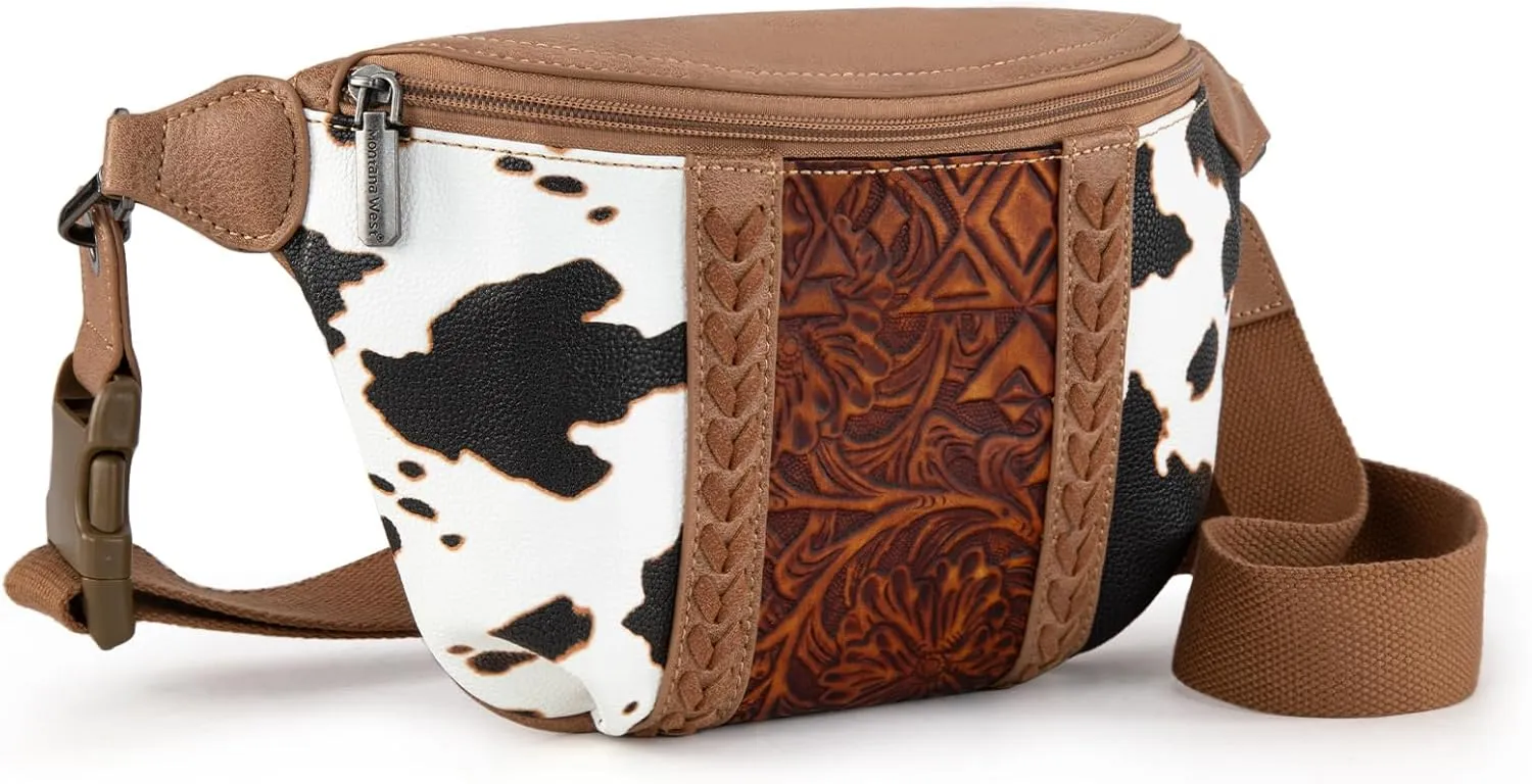 Montana West Western Cow Print Fanny Packs for Women Men Western Tooled Whipstitch Waist Belt Bag MW1318-194BR