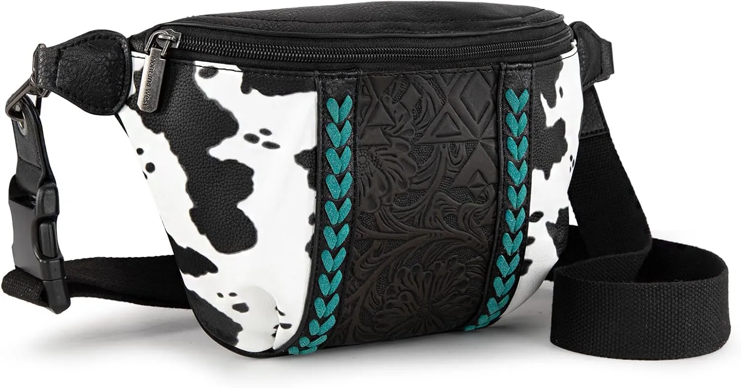 Montana West Western Cow Print Fanny Packs for Women Men Western Tooled Whipstitch Waist Belt Bag