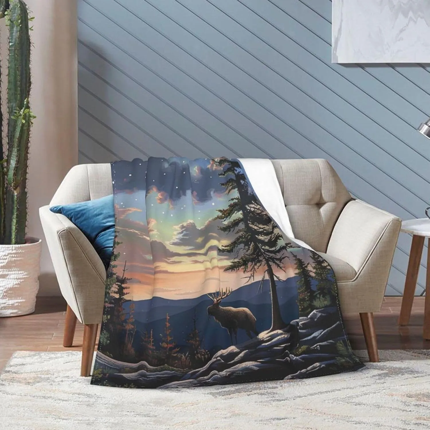 Moose Mountain Pine Tree Wilderness Printed Flannel Blankets Throw 30x40 Inch, Lightweight Warm Throw Blanket for Couch Sofa Bed Office Home Decor