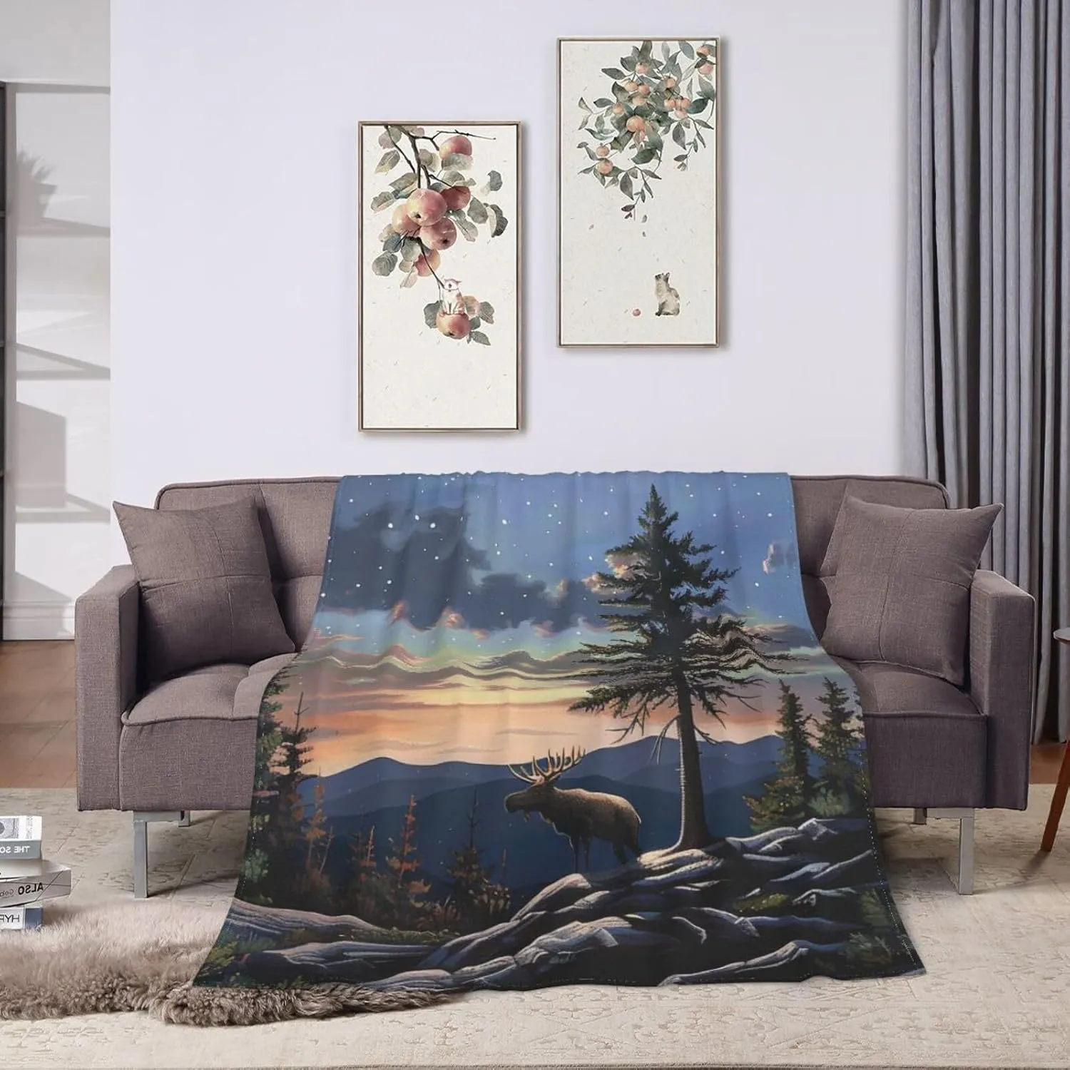 Moose Mountain Pine Tree Wilderness Printed Flannel Blankets Throw 30x40 Inch, Lightweight Warm Throw Blanket for Couch Sofa Bed Office Home Decor
