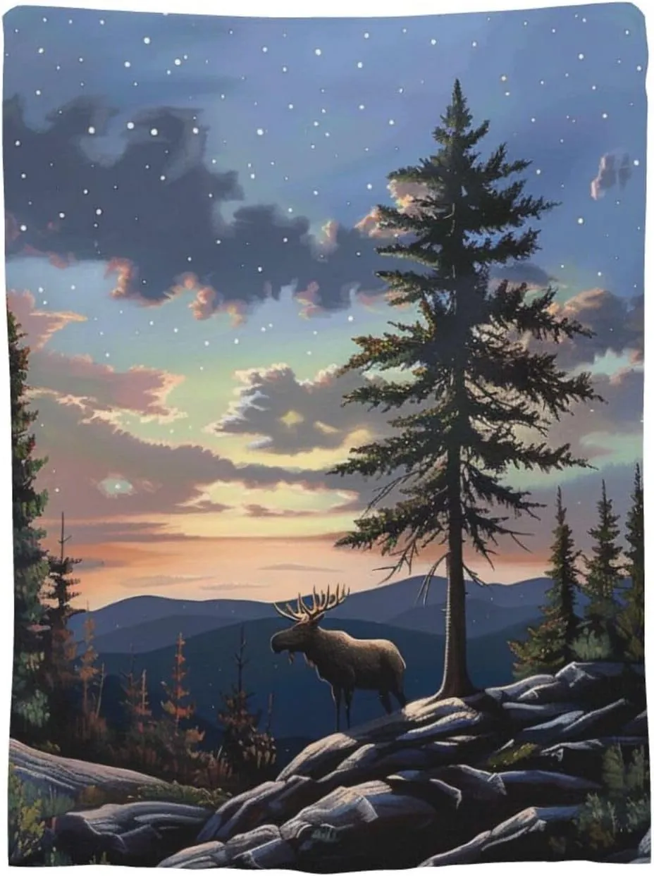 Moose Mountain Pine Tree Wilderness Printed Flannel Blankets Throw 30x40 Inch, Lightweight Warm Throw Blanket for Couch Sofa Bed Office Home Decor